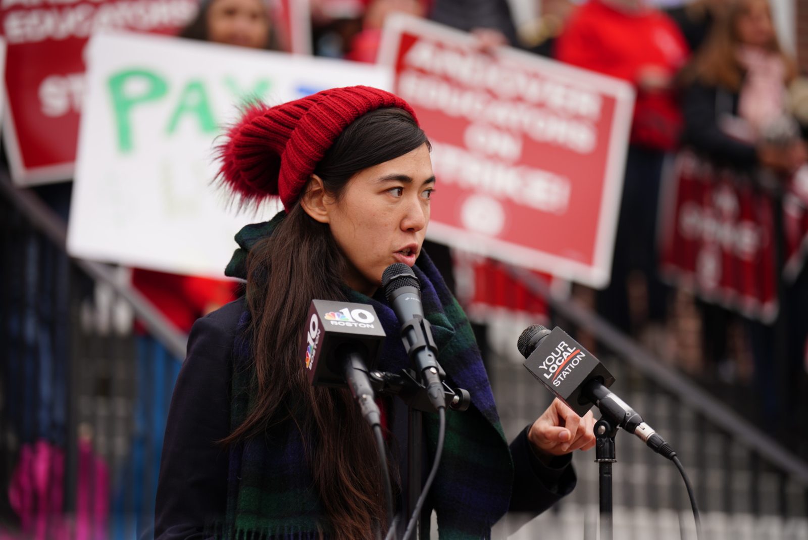 Erika speaking at a press conference in support of striking Andover educators