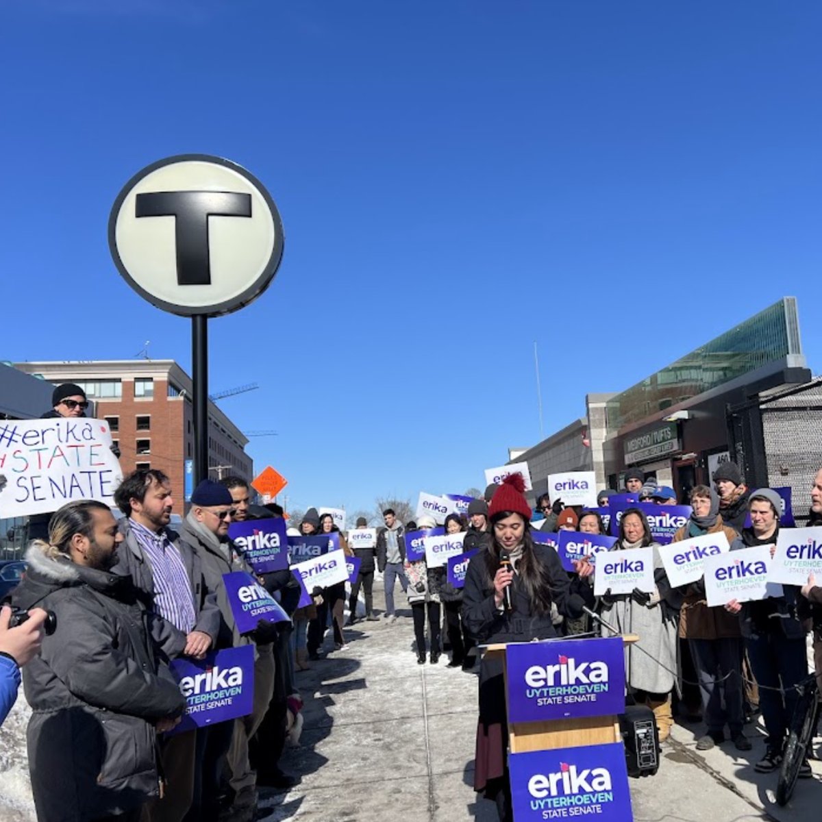 Erika launching her campaign at the Medford/Tufts Green Line station