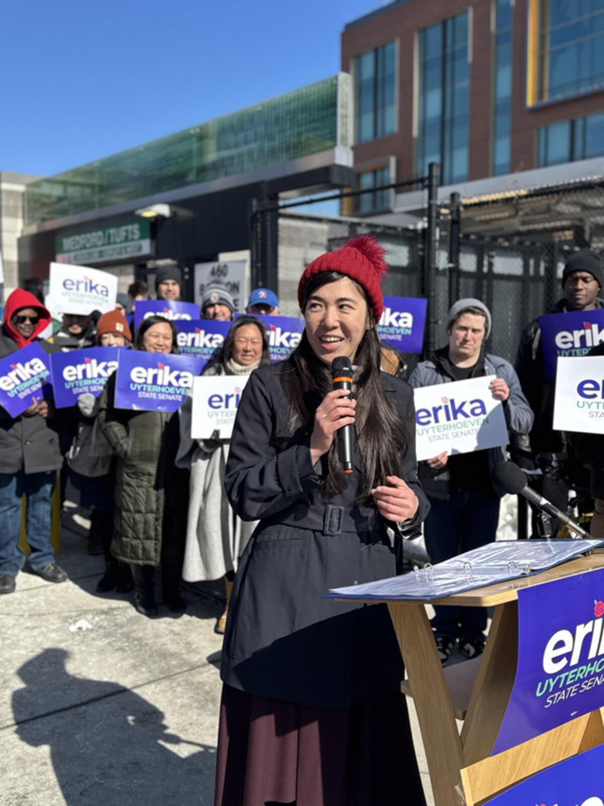 Erika speaking at her announcement rally in Somerville